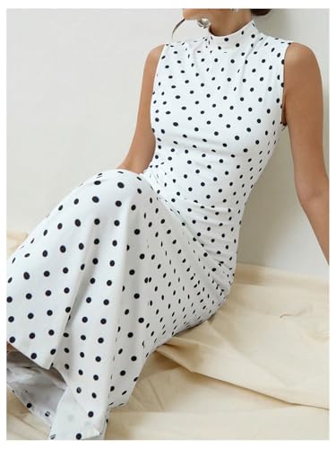 Image of Milumia Women's Polka Dots Maxi Tank Dress Vintage Mock Neck Sleeveless Elegant Long Dresses