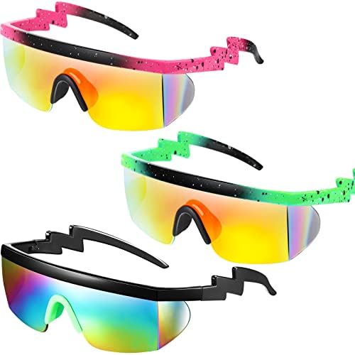3 Pairs Neon Semi Rimless Sunglasses Retro Zigzag Sunglasses Colored Transparent Lens Sun Glasses