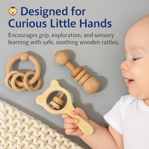 Image of Babbles Wooden Rattle Set for Babies 0-6 Months, 6-12 Months | New Born Toys | Baby Shower Gifts | New Born Baby Essentials | Rattle Toys (Ring+Dumbbell+Micky Head)