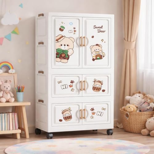 Image of Kids Plastic Wardrobe for Clothes Storage | Baby Cupboard & Almirah with Hanging Rod & Shelves | Portable Collapsible Storage Cabinet for Bedroom | Cartoon Kids Wardrobe