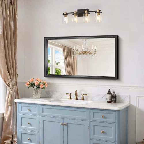 Image of Black Framed Mirror 24 inchx40 inch, Brushed Black Bathroom Mirrors for Over Sink, 0.6 inch Thickened Deep Frame Rectangle Mirrors for Wall, Shatterproof Tempered Glass, Antirust, Horizontally /Vertically