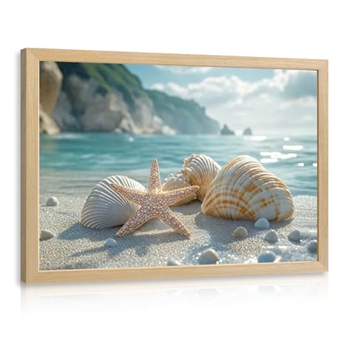 Clicyre Blue Ocean Beach Canvas Wall Art, Seaside Seashell Starfish