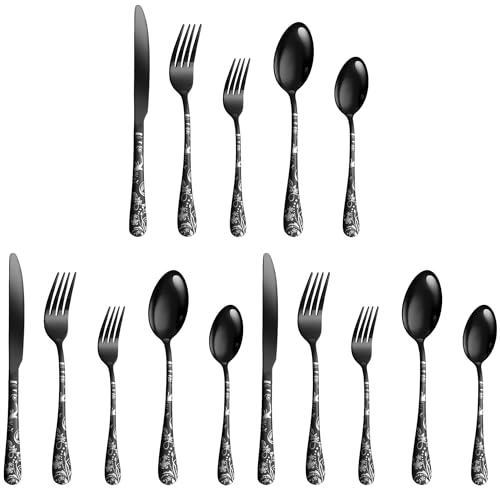 Image of aDai Matte Black Silverware Set | Satin Finish 15-Piece Flatware Set with Unique Floral Printed Handle | Dishwasher Safe Stainless Steel Cutlery for Home, Restaurant & Gifting