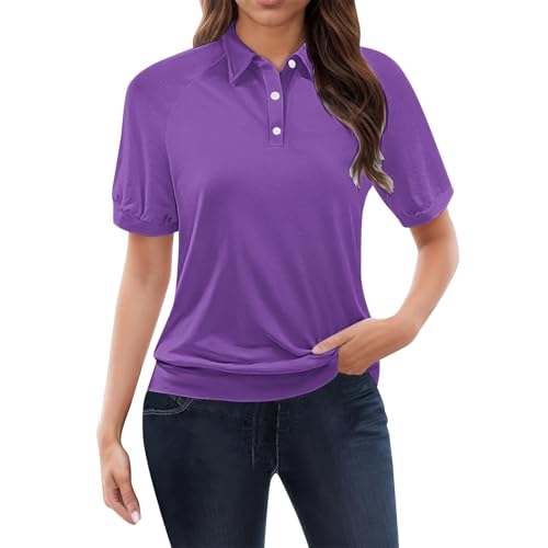 Polo de verano para mujer 2026, diseño de cuello abotonado, manga corta, estilo casual de negocios, trabajo, blusa básica elegante para looks de oficina, 1B-púrpura, 3XL