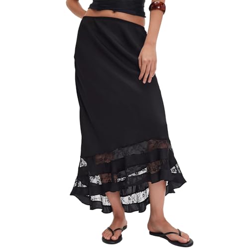 Women Ruffle Lace Trim Satin Maxi Skirt Elastic Waistband High Rise Half Slip Silky Fishtail Party Long Skirt