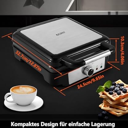 YASHE Waffeleisen Belgische Waffel, 4-Scheiben Quadratisches Belgisches Waffeleisen, 5 Bräunungsknopf, Kontrollleuchten, Anti-Überlauf, Antihaftbeschichtung, 1200W, Silber/Schwarz – Bild 7