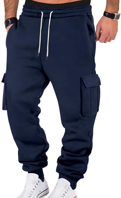 Mens Fleece Cargo Sweatpants Heavyweight Elastic Waist Pants with Pockets Baggy Drawstring Jogger Pants