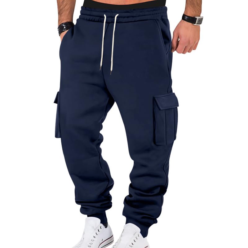 TRFIC Mens Fleece Cargo Sweatpants Heavyweight Elastic Waist Pants with Pockets Baggy Drawstring Jogger Pants