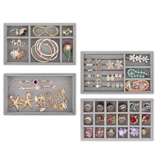 SANNIDHI® 4pcs Set Stackable Jewelry Organizer Box Tray, Earrings Necklaces Jewellery Organizer, Drawer Inserts Container Display Case for Necklace Bracelet Ring Brooch