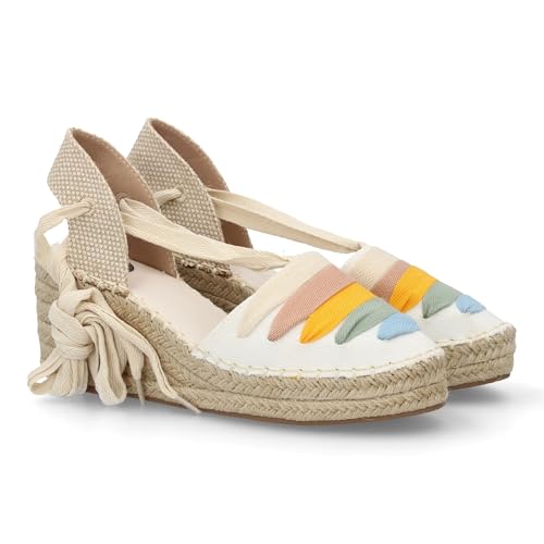 99946 Sandalia Valenciana Tipo Alpargata de Cuna para Mujer con Diseno de Tiras, Cierre de Lazada con Cuerdas. Ideal Primavera Verano. Cierre de Hebilla. Ideal para Uso Diario. Blanco Talla 38