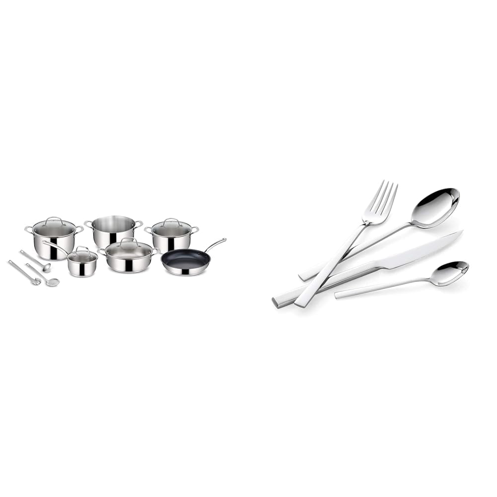 Lagostina Evelia Set di Pentole Induzione, Gas e Forno in Acciaio Inox 18/10, 13 Pezzi & Giada Set Servizio Posate Acciaio Inox 18/10 per 6 Persone, 24 Pezzi, con 6 Forchette
