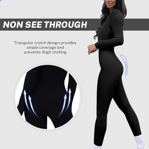 OEAK Damen Sport Jumpsuit Lang Eng Yoga Bodysuit Overall Stretch Langarm Bodycon Strampler Sportanzug Einteiler Hosenanzug Trainingsanzug,Schwarz,S