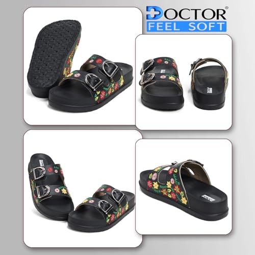 Image of Women Floral Double Strap Buckle Slides | Embroidered Casual Slip-On Sandals for Girls | Lightweight Anti-Slip Comfortable Everyday Wear Flats