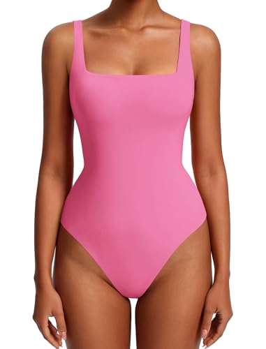Avidlove Womens Sexy Square Neck Bodysuits Backless Double Lined Tank Tops Thong Body Suits Going Out Outfits (Pink L)