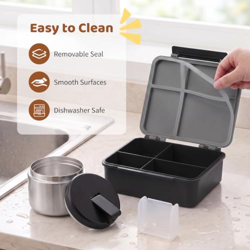 Image of Bento Lunch Box with 8oz Soup Thermo, Kids Leakproof Lunch Food Containers with 4 Compartment, Kids Thermo Insulated Hot Food Jar for School, Trvael (Grey)