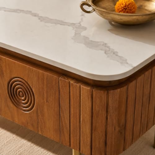 Image of Solid Wood Mandala Coffee Table with Sintered Stone Top for Living Room | Dark Teak Finish Lacquered | 115 cm (W) x 60 cm (D) x 45 cm (H)
