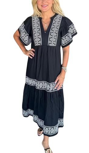 chouyatou Women's Summer Printed Floral Dress Casual Notch Neck Cotton Midi Long Mexican Tunic Dress