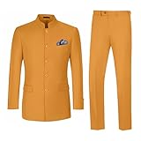 Men Suits 2 Pieces Slim Fit Mandarin Collar Suit Traditional Chinese Tunic Clothing Formal Wedding Blazer Pant Set Gold L