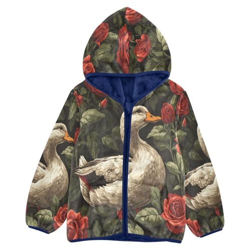 Duck Among Red Roses Toddler Fleece Jacket Girl Boys Hooded Fleece Jacket Coat Warm Outwear Zip-up 3-10T