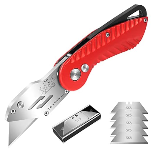 DIYSELF Knife Folding Utility Knife 1-Pack, Upgraded Heavy Duty Box Cutters for Carpet, Carton, Cardboard and Box, Extra 5Pcs Replacement Box Cutter Blades Included (Red)