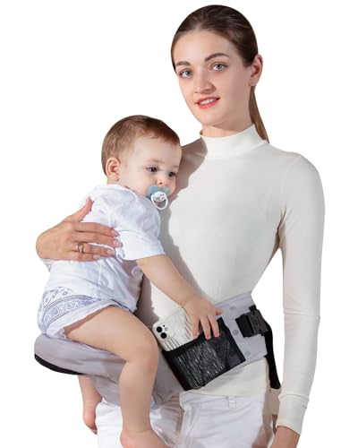 Image of Baby Hip Seat Carrier, GROWNSY Ergonomic Hip Seat Baby Carrier with Multiple Pockets, Adjustable Extended Waistband for Newborns & Toddlers up to 50 lbs, Breathable Grey for Summer