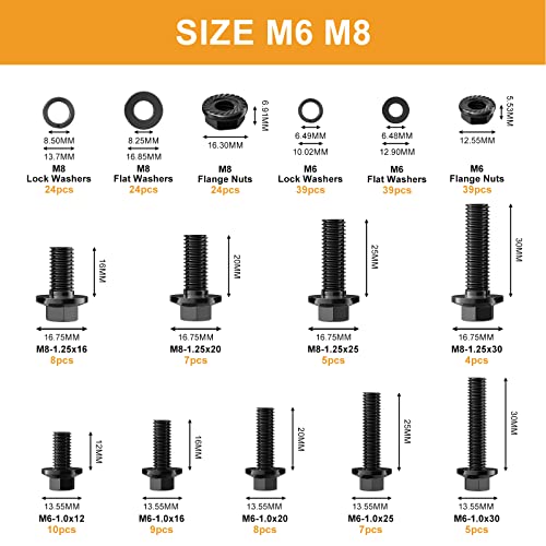 Image of VIGRUE 252Pcs Metric Flange Bolt Nut Washer Assortment, M6-1.0 M8-1.25 Flange Bolt Kit Black Zinc Plated Class 10.9 Alloy Steel Full Coarse Thread