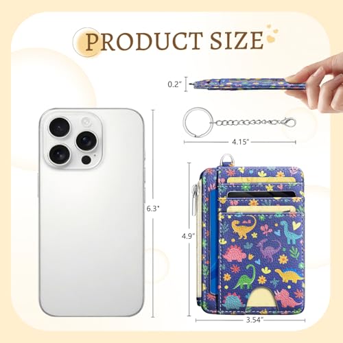 Image of Kelvoris Cute Dinosaur Credit Card Holder, Small Wallet Women, Slim RFID | Keychain, Zipper Coin Pocket, Front Pocket Thin Travel Card Case, Minimalist, 6 Card Slots, 1 ID Window, Ladies Gifts Woman