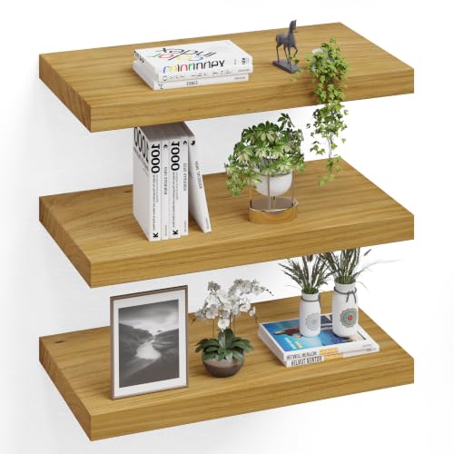 Image of 24 inch Extra Deep Floating Shelves, Set of 3, Natural Wood | 24 inchL x 12 inchD x 1.8 inchH, Set of 3, Solid Paulownia Wood, Natural Finish, Hidden Brackets, Hardware Included