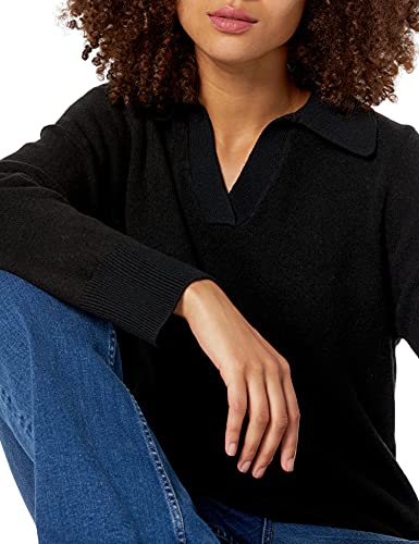 Image of Cable Stitch Women's Two Tone Polo Neck Open Collar V-Neck Sweater - Long Sleeve Relaxed Pullover Top