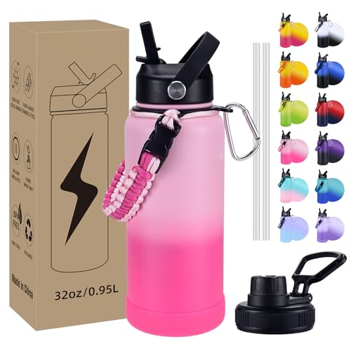 Image of Insulated Water Bottle, 32 oz Stainless Steel Wide Mouth Water Bottles with 2 Leak Proof Lid and Paracord Handle, Double Wall Vacuum Insulated Sports Water Bottle, Hot Pink