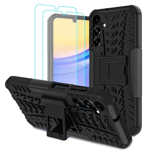 Iokmax for Samsung Galaxy A15 5G Case with 2 Pack Screen Protector,Military Grade Shockproof, Heavy Duty Robust Bumper Cover with Kickstand for Galaxy A15 5G Phone Black