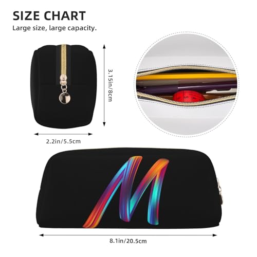 Image of Cute Initial Pencil Case for Kids Simple Leather Pencil Pouch for Boys Girls Letter Design Pencil Box Pen Bag Pencil Pouch Office Stationery Organizer, Rainbow Letter M