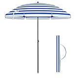 SONGMICS Parasol de playa Ø 1,6 m, Sombrilla de jardín con UPF 50+, Inclinable, Portátil y resistente al viento, Varillas de fibra de vidrio, Bolsa de transporte, Raya Azul y Blanco GPU60WU