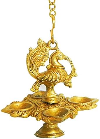 Zap Impex Traditional Peacock 4 in 1 Brass Hanging Diya with 15 Inch Chain | Deepak | Oil Lamp | Home Décor | Spritiual Gift