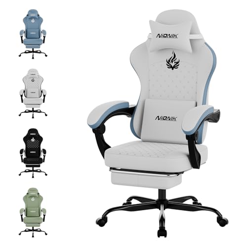 NIONIK Gaming Stuhl, Ergonomischer Bürostuhl mit Fußstütze & Lordosenstütze, Höhenverstellbarer Schreibtischstuhl für Erwachsene, PC Gaming Stuhl für E-Sports, E-Sport, Streaming und Homeoffice