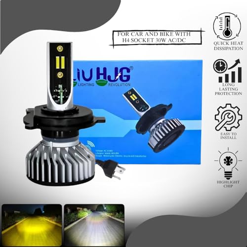 Image of H4 LED Headlight Bulb 30W AC /DC Dual Color White & Yellow High Brightness LED Lamp with Quick Heat Dissipation - Universal Headlight for Bike & Car (Pack Of 1)