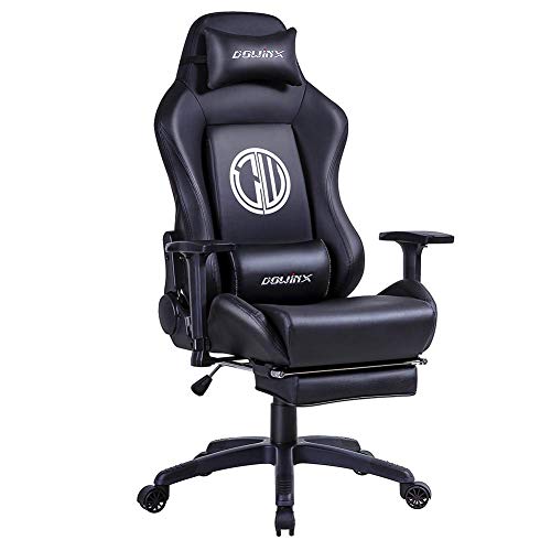 Dowinx Cadeira ergonómica para jogos cadeira reclinável para computador com suporte de massagem lombar, poltrona estilo de competição desportos de couro eletrónicos com apoio para os pés retrátil (preto)