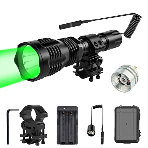 WindFire Waterproof 350 Lumens 250 Yards Green LED Coyote Hog Fox Predator Varmint Hunting Flashlight with Red Light LED Bulb Module Pressure Switch & Barrel Mount