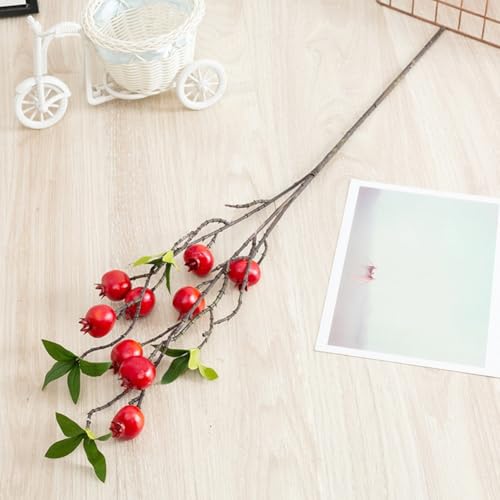 Lawnoval Rama de granada artificial con hojas, 64 cm, color rojo para arreglos florales de imitación naranja y amarillo para decoración del hogar, jardín, boda, tela de seda