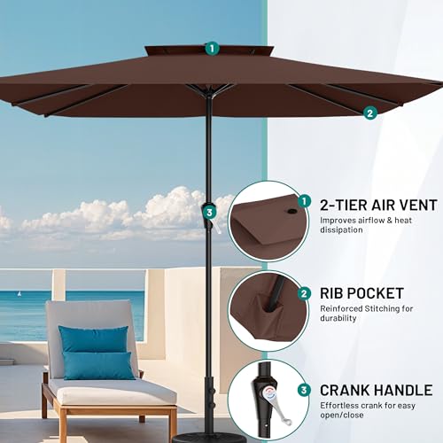 Image of AreShark 8'x10' 2 Tiers Rectangular Patio Umbrella - Outdoor Umbrella Waterproof UV Protection, Market Table Umbrella w /Crank for Pool, Backyard, Deck(Dark Brown)