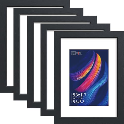 Image of VCK A4 Frame 5 Pack, Black Wood with A5 Mat, Glass, for Picture, Photo