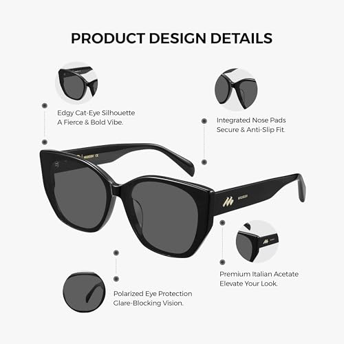 Image of Vintage Cat Eye Sunglasses Trendy Acetate ShadesUV400, Exclusive Brand of EssilorLuxottica, Obsidian Black /Pure Gray Polarized 601