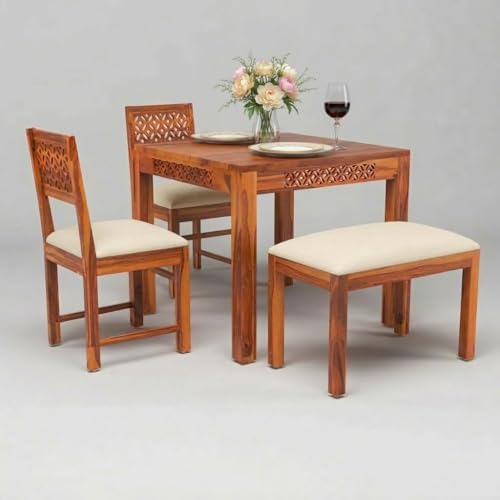 Image of Wood Dining Table with Chair 4 Seater || Dining Table Set || Dining Room Set || Wooden 4 Seater Dining Table || Modern and Unqiue Dining Table Home Living Room (4 Seater Dining Table) Honey Finish