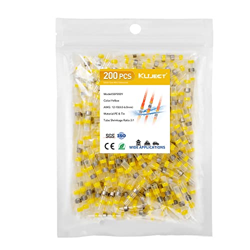 Kuject 200PCS Solder Seal Wire Connectors AWG 12-10, Yellow Solder Seal Heat Shrink Butt Connectors Terminals Solderstick Sleeve Waterproof Wire Splice Connector for Marine Boat Wire Joint