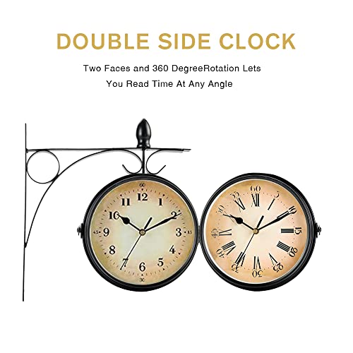 Newimage Outdoor Double Sided Clock 8Inch Round Wall Hanging Double-Sided Station Clock Decorative Wrought Iron Wall Clock For Living Room Decor Home Porch Garden Patio Garage Indoors/Outdoors #TOP5