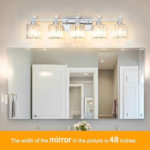 Image of Lxybcce 5 Light Bathroom Vanity Light, Modern Crystal Bathroom Ligth Fixture, Chrome Vanity Lights, Light Fixtures Above Mirror, Wall Lamp for Mirror Living Room Cabinet Bedroom Porch