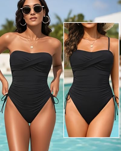 Tummy Control One Piece Swimsuit - Strapless Bandeau Bathing Suits for Women 2025 Cheeky High Cut Swimwear2