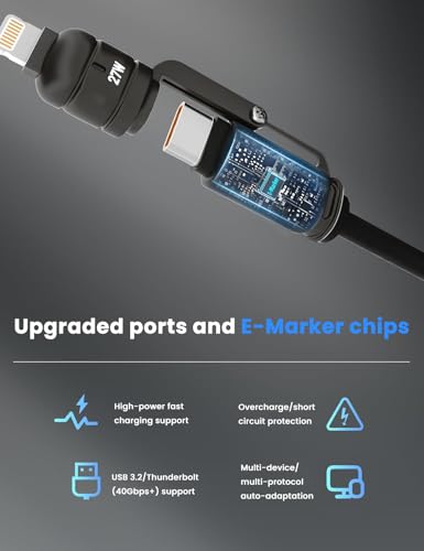 Image of Verilux 4-in-1 USB to Type C Cable for iPhone 17 /16 /15 /14, PD 240W Type C Cable Fast Charging with 480Mbps Data Transfer, Fashion Retractable Lighting Cable Design for Home, Travel, Office, Black