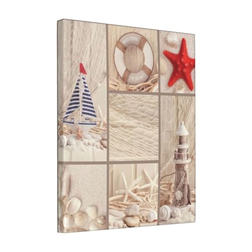 FSCEV Peinture à l'huile sur toile de mer, motif bateau, plage, coquillage, 20,3 x 25,4 cm