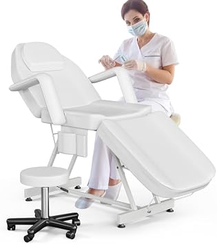 Salon Beauty Bed with Hydraulic Stool, Adjustable 3-Section Massage Table w/Detachable Head Cushion, Professional Tattoo Chair, Facial Lash bed for Client/Esthetician, White